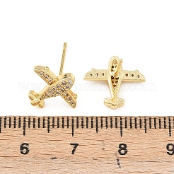 Orecchini a bottone in ottone con micro pavé di zirconi cubici trasparenti e aeroplano&nbsp;LS-EJEW-F400-16G