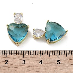 リアル 18k ゴールドメッキラックメッキ真鍮マイクロパヴェキュービックジルコニアペンダント  ガラスと  長持ちメッキ  カドミウムフリー＆鉛フリー  ハート  ターコイズ  20x13x9mm  穴：1.8x5mm&nbsp;KK-R161-04G-04