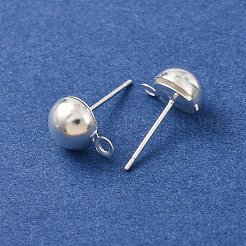 真鍮製スタッドピアスパーツ  カドミウムフリー＆鉛フリー  半円  カン付き  925銀メッキ  10x7.5mm  穴：1.5mm  ピン：12x0.8mm&nbsp;KK-G604-01S-04