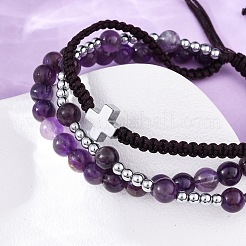 Регулируемые браслеты из плетеных бусин из натурального аметиста и гематита BJEW-U035-01C