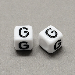 大穴アクリル文字ヨーロピアンビーズ  水平穴  ホワイト＆ブラック  文字.g付きのキューブ  6x6x6mm  穴：4mm&nbsp;X-SACR-Q103-6mm-01G