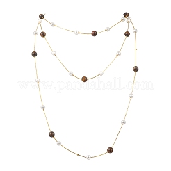 Длинные ожерелья из латунной цепочки «Бостон» с круглым натуральным тигровым глазом и ракушечным жемчугом&nbsp;NJEW-JN05722-02