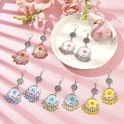合金リングシャンデリアピアス  女性用のナザールボンジュウ薬のイヤリングが付いたランプワークフラワー  ミックスカラー  80x30.5mm&nbsp;EJEW-JE05381