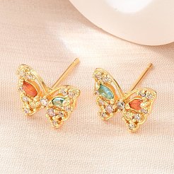 真鍮製 マイクロパヴェ キュービックジルコニア スタッドピアス 女性用  蝶  カドミウムフリー＆鉛フリー  長持ちメッキ  ラックめっき  18KGP本金メッキ  ミックスカラー  10.5x13mm&nbsp;KK-A305-09G