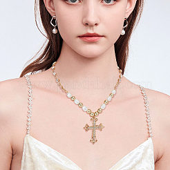 2 шт. 2-цветное ожерелье с подвеской в виде креста-флери из горного хрусталя и цепочками из пластиковых бусин&nbsp;NJEW-AN0001-77