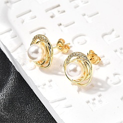 Круглые серьги-гвоздики из латуни с микропаве из прозрачных кубических цирконий EJEW-C154-05G