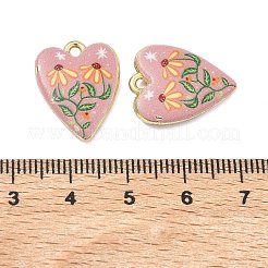 プリント合金ペンダント  ラックめっき  カドミウムフリー＆ニッケルフリー＆鉛フリー  ゴールドカラー  花のチャーム付きハート  19x15x3.5mm  穴：1.8mm&nbsp;PALLOY-P319-07H-11