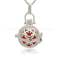 Silver Tone Brass Hollow Round Cage Pendants, with No Hole Spray Painted Brass Round Ball Beads, Tomato, 35x25x21mm, Hole: 3x8mm