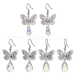 3 paio di orecchini pendenti in ottone con farfalla 3D in filigrana di 3 dimensioni, orecchini pendenti a goccia di vetro, platino, 46~64x23mm, 1 paio/taglia