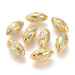 Perles en laiton plaqué or, aux copeaux de larimar naturel, olive, 32x16.5x15.5~17mm, Trou: 1mm