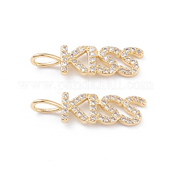 Brass Micro Pave Clear Cubic Zirconia Pendants, Long-Lasting Plated, Word Kiss, for Valentine's Day, Real 18K Gold Plated, 23.5x7x1.6mm, Hole: 3x4mm