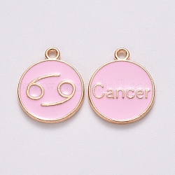 Alloy Enamel Pendants, Cadmium Free & Lead Free, Flat Round with Constellation, Light Gold, Pink, Cancer, 15x12x2mm, Hole: 1.5mm