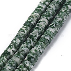 Fili di perle di diaspro spot verde naturale, perline Heishi, Rotondo piatto / disco, 6x3mm, Foro: 1 mm, circa 119~131pcs/filo, 14.76~15.74 pollice (37.5~40 cm)