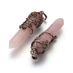 Cuarzo natural rosa señaló colgantes, con fornituras de cobre rojo plateado de cobre, bala, 57~60x16mm, agujero: 8x5 mm