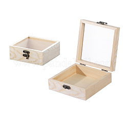 木製収納ボックス  透明なガラスのフリップカバーと鉄の留め金付き  正方形  パパイヤホイップ  12x12x5cm