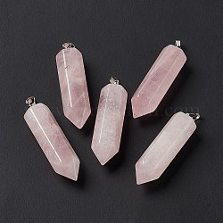 Pendentifs pointus à double terminaison en quartz rose naturel, avec les accessoires en laiton de tonalité de platine, balle, 39x10x10mm, Trou: 3x6mm