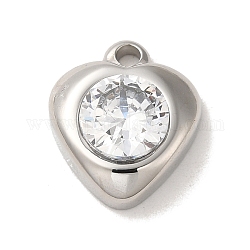 304 charms in acciaio inox, con vetro, fascino cuore, colore acciaio inossidabile, 14x12x5mm, Foro: 2.8 mm