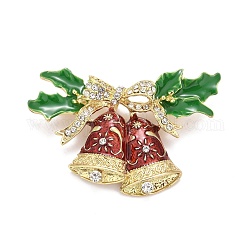 Broche de campana de Navidad de esmalte colorido con rhinestone de cristal, insignia de aleación para ropa de mochila, dorado, 42x66x12.5mm