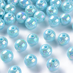 Perles acryliques opaques, de couleur plaquée ab , ronde, bleu ciel, 10x9mm, Trou: 2mm, environ 940 pcs/500 g
