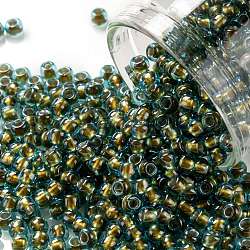 Cuentas de semillas redondas toho, Abalorios de la semilla japonés, (1014) lustre aguamarina forrado en oro, 8/0, 3mm, agujero: 1 mm, acerca 222pcs / botella, 10 g / botella