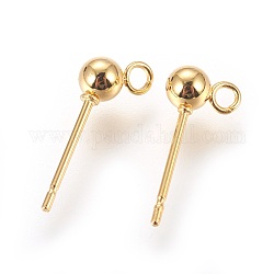 304 Stainless Steel Ball Stud Earrings Findings, with Loop, Round, Golden, 13.5~15x5.5mm, Hole: 1.6mm, Pin: 0.7mm
