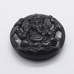 Geschnitzte natürliche Obsidian Anhänger, flache Runde mit hindischem Elefantengott Lord Ganesh Statue, 47x14 mm, Bohrung: 1.5 mm