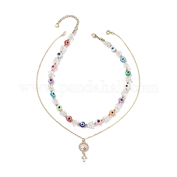 2pcs 2 style chips de cristal de quartz naturel et ensemble de colliers de perles mauvais œil en résine, arbre de vie en strass avec colliers pendentif croix pour femme, couleur mixte, 15.63~17.76 pouce (39.7~45.1 cm), 1pc / style
