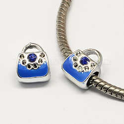 Perles européennes alliage strass sac de style de l'émail grand trou, couleur d'argent, bleu royal, 11x9x8mm, Trou: 4mm