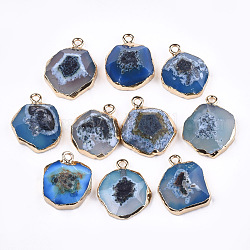Electroplate Natural Agate Pendants, with Brass Findings, Faceted, Dyed, Golden, Royal Blue, 17~22x14~18x5~10mm, Hole: 1.8mm
