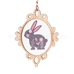 イースターテーマの木製楕円形、ウサギのペンダント装飾付き  ホームパーティーの吊り下げ装飾に  ナバホホワイト  88x64x8mm