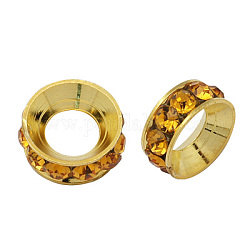 Perline distanziatori strass in ottone, grado a, rondelle, colore metallico oro, topazio, 9x4mm, Foro: 4 mm