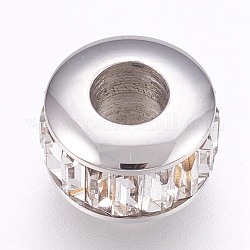 304 Stainless Steel European Beads, Large Hole Beads, with Rhinestone, Flat Round, Stainless Steel Color, 10.5x7mm, Hole: 4.5mm
