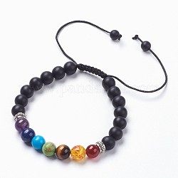 Gioielli chakra, braccialetti regolabili con perline intrecciate in agata nera naturale (tinta)., con perline in pietra mista e lega tibetana, smerigliato, tondo, Imballaggio della tela, 2-3/8 pollice (6 cm)