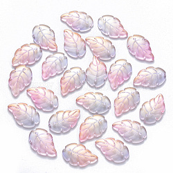 Pendentifs en verre bicolore transparent, avec de la poudre de paillettes, feuille, perle rose, 23.5x15x3.5mm, Trou: 1.5mm