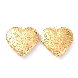 Ion Plating(IP) 304 Stainless Steel Locket Pendants, Photo Frame Pendants for Necklaces, Heart with Flower, Golden, 29x29x7mm, Hole: 2mm, Inner Diameter: 20x19mm