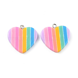 Ciondoli in resina cuore arcobaleno, con pioli in ferro placcato platino, colorato, 25x25x4mm, Foro: 2 mm