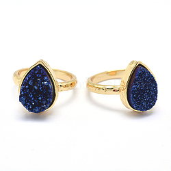 Electroplate Natural Druzy Quartz Crystal Finger Rings, with Eco-Friendly Brass Findings, Lead Free & Cadmium Free, Long-Lasting Plated, Flat Round, Size 7, Real 18K Gold Plated, Blue, 17mm