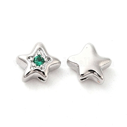 Perline in ottone zirconi, stella, platino, verde, 7x8x4mm, Foro: 1 mm