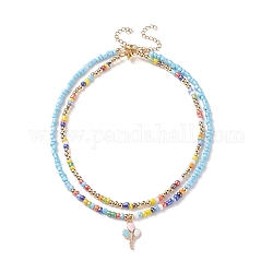 Ensemble de colliers de perles de perles de verre de style 2pcs 2, colliers de charme de ballon d'émail d'alliage pour des femmes, couleur mixte, 14.69 pouce (37.3 cm), 16.1 pouce (40.9 cm), 1pc / style