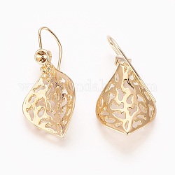 Brass Earring Hooks, Leaf, Real 18K Gold Plated, Tray: 2.5mm, 33mm, Pendant: 27x15.5x1mm, 21 Gauge, Pin: 0.7mm