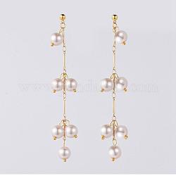 Long Earrings, with Brass Stud Earrings Findings, Round Glass Pearl Beads and Earring Backs/Ear Nuts, Golden, Pink, 88mm, Pin: 0.7mm