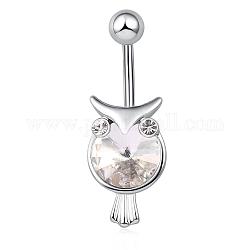 Piercing Jewelry Real Platinum Plated Brass Cubic Zirconia Owl Navel Ring Navel Ring Belly Rings, with 304 Stainless Steel Bar, Clear, 32x12mm, Bar Length: 3/8