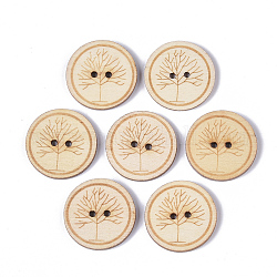 2 отверстия печатных деревянные кнопки, плоские круглые с дерева жизни картины, песчаный коричневый, 25x2.5 мм, отверстие : 2 мм