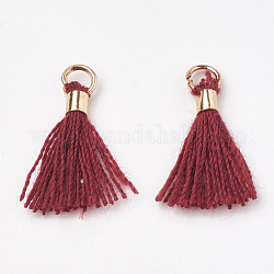 Polycotton(Polyester Cotton) Tassel Pendant Decorations, Mini Tassel, with Brass Findings, Light Gold, Brown, 10~15x3~4mm, Hole: 2mm