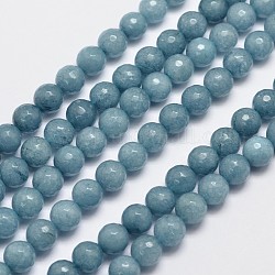 Chapelets de perles en jade de Malaisie naturelle, imitation Aquarine, ronde, teinte, facette, bleu cadet, 8mm, Trou: 0.8mm, Environ 46 pcs/chapelet, 14.5 pouce