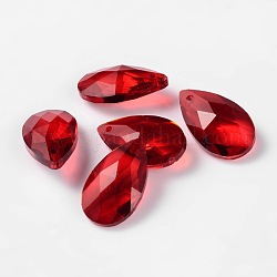 Pendentifs en verre de larme à facettes, rouge, 22x13x7mm, Trou: 1mm
