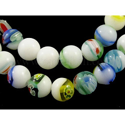 Handmade Millefiori Glass Beads Strands, White Porcelain, Round, Colorful, about 6mm in diameter, hole: 1mm, 67pcs/strand