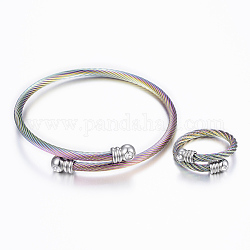 Trendy 304 Edelstahl Drehmoment Armreifen & Ringe Sets, mit Strass, Edelstahl Farbe, 2-1/8 Zoll (53 mm), 17 mm