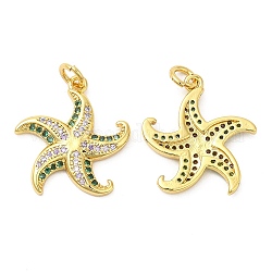 Brass Micro Pave Cubic Zirconia Pendants, Starfish, Real 18K Gold Plated, 20x18x2.5mm, Hole: 3mm