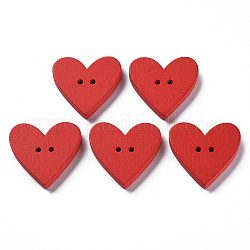 Botones de madera pintados con spray de 2 orificio, corazón, rojo, 22.5x23.5x3.5mm, agujero: 1.6 mm